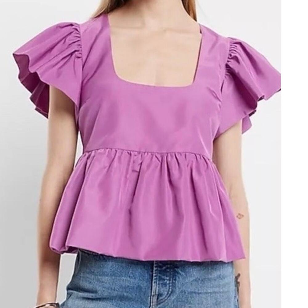 Express Square Neck Flutter Sleeve Peplum Babydoll Blouse NWT Purple XL